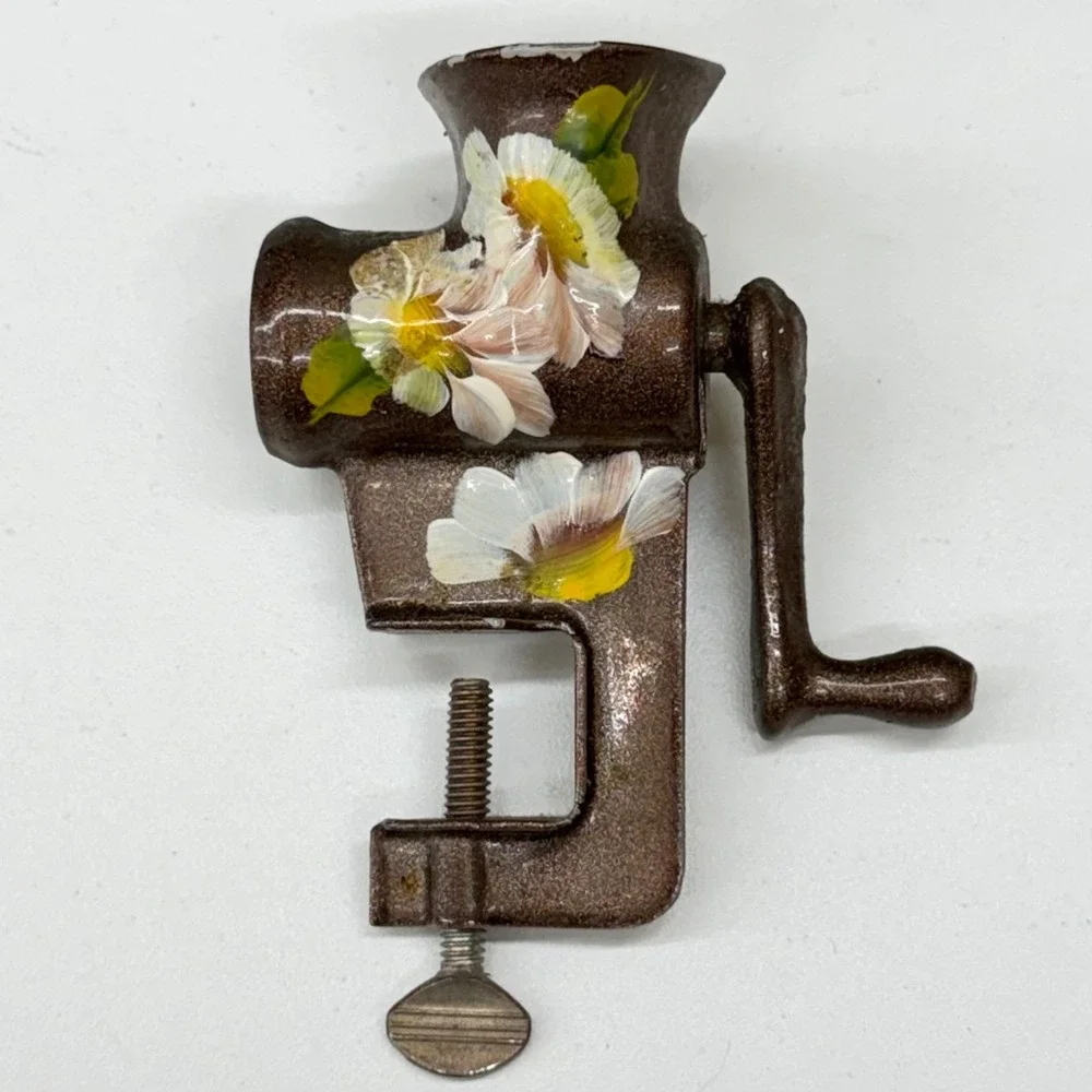 Vintage Miniature Clamp On Meat Grinder Metal Hand Painted Floral Kitchen Decor